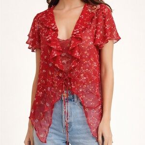 Vintage Frederick’s Of Hollywood Sheer Tie Front Top Red Paisley Boho Size L